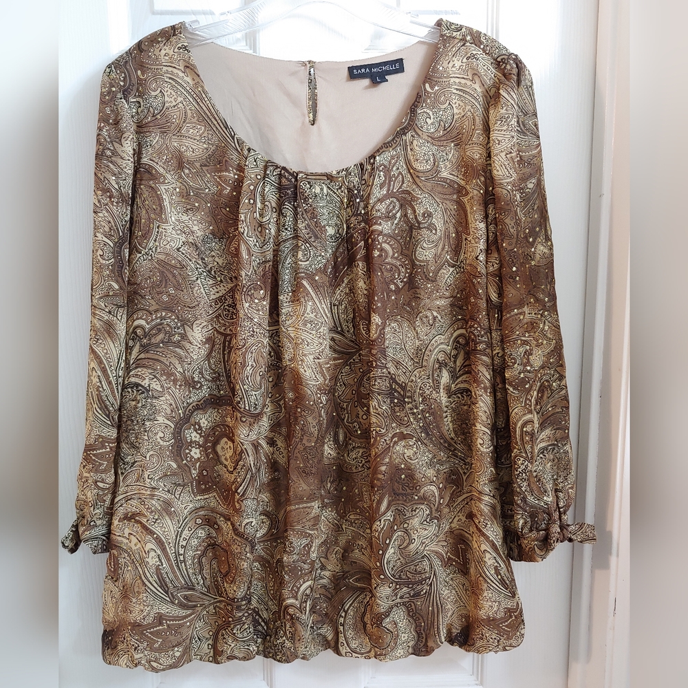 Sara Michelle Tan and Brown Paisley Floral Blouse 3/4 Sleeves, Size L